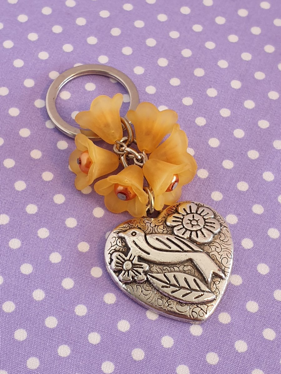 Orange Flower, Bird and Heart Keychain, Keyring, Bag Charm
