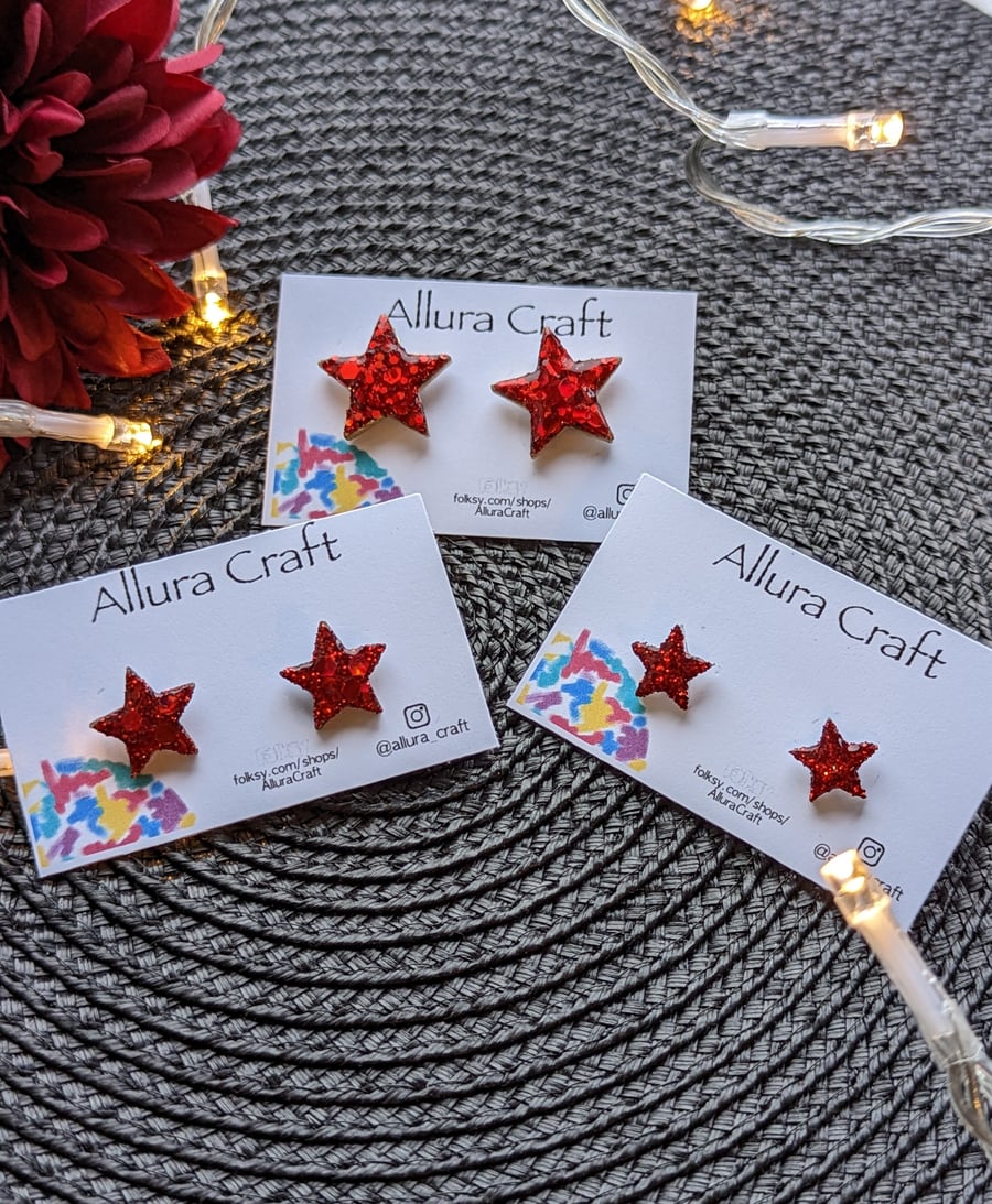 Red Glitter Stars - Stud Earrings