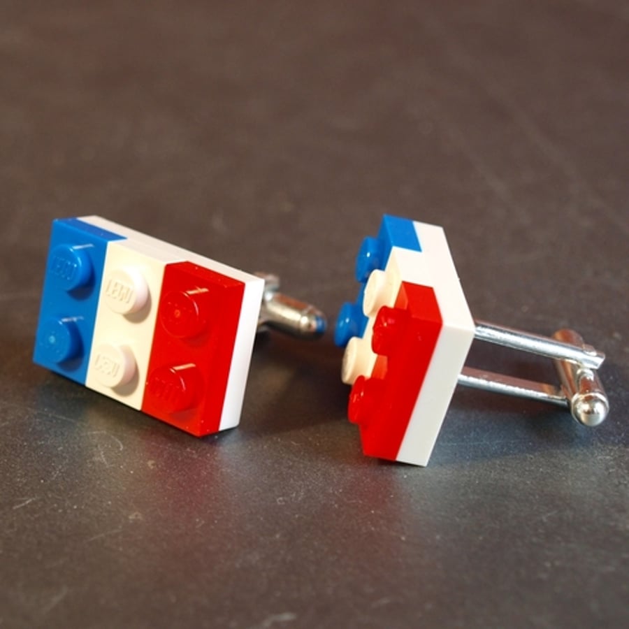 Lego Cufflinks Flags of the World in Red White and Blue Retro 1980s Style 