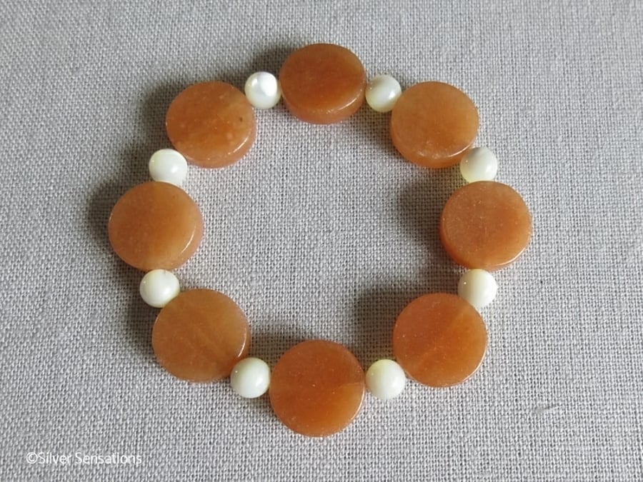 Orange Red Aventurine Coins & Ivory Cream Mother of Pearl Stretch Bracelet