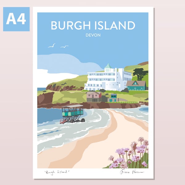 Burgh Island, South Devon, retro style travel poster A4