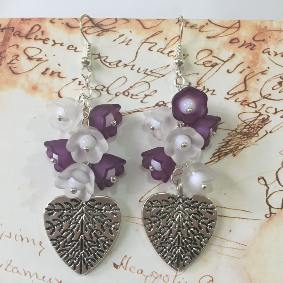 Flowers on a heart charm Dangle earrings.