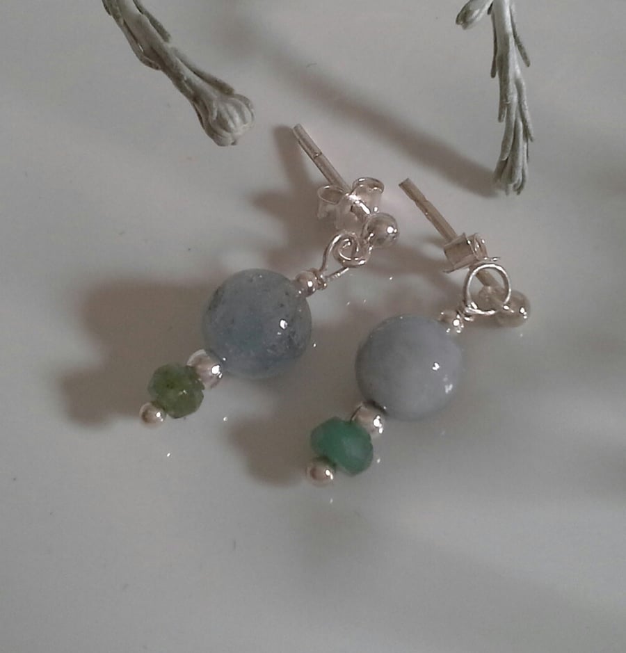 Aquamarine & Emerald Sterling Silver Stud Drop Earrings