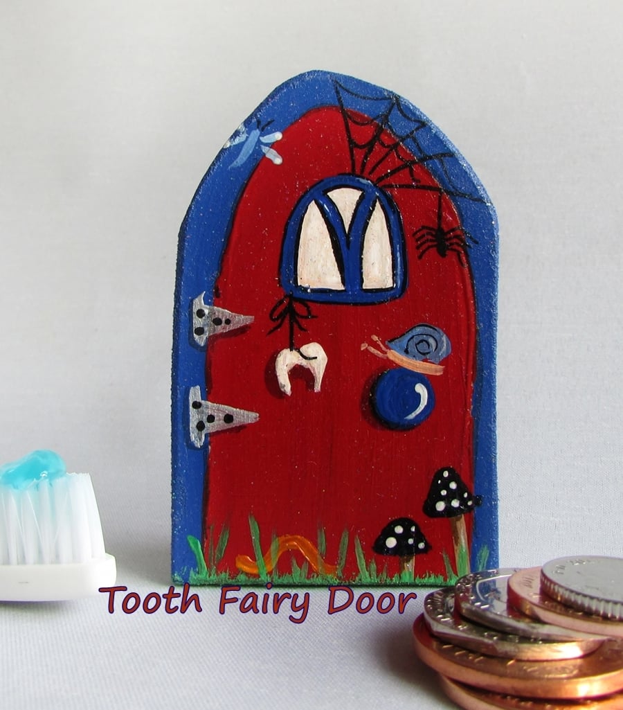 Small Blue & Red Tooth Fairy Door, handpainted, whimsical cute for children 