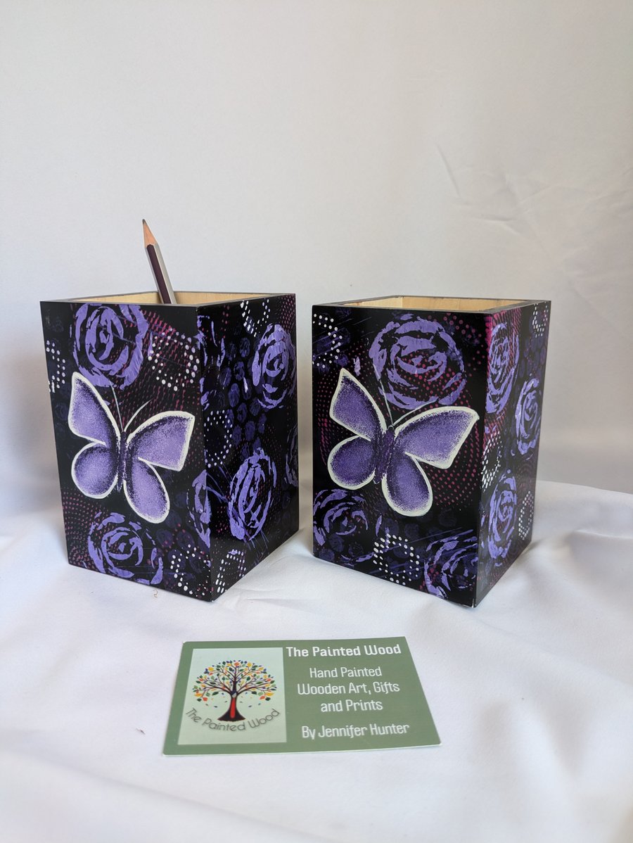 Hand Painted Wooden Pen, Pencil, Make-up Brush Pot or Holder, Butterfly