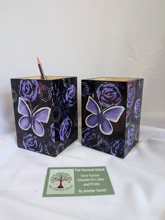 Hand Painted Wooden Pen, Pencil, Make-up Brush Pot or Holder, Butterfly
