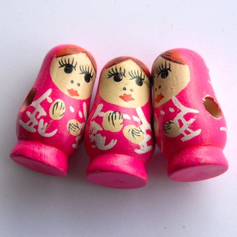 3 x  Pink Wooden Russian Doll Beads