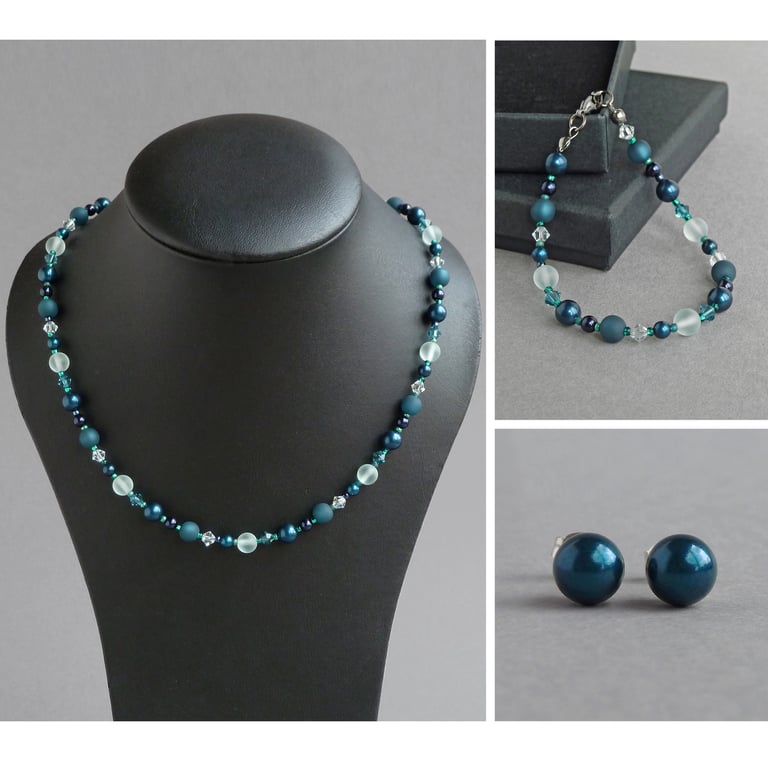 Teal Pearl and Crystal Jewellery Set - Petrol Blue Necklace, Bracelet & Earrings