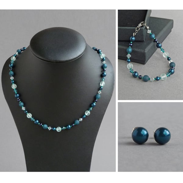 Teal Pearl and Crystal Jewellery Set - Petrol Blue Necklace, Bracelet & Earrings
