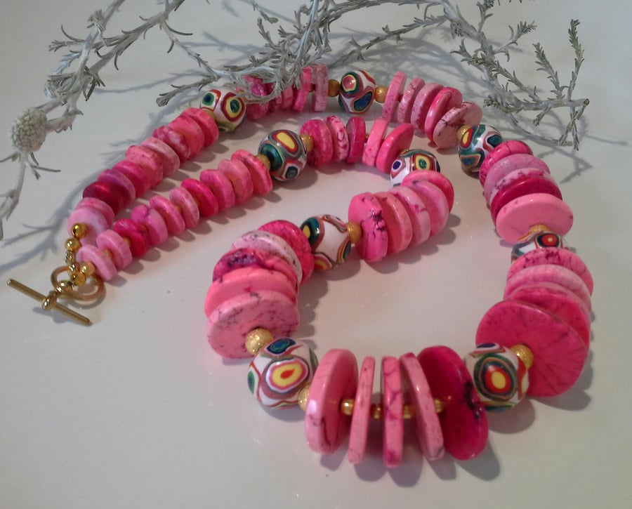 Pink Howelite &  Hand Made Polymer Clay bead necklace SPECIAL OFFER