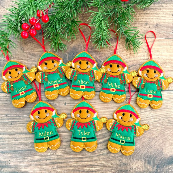 Elf Gingerbread Christmas Hanging Decoration Personalised Gift
