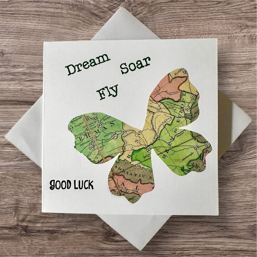Good luck card, travel, new job, follow dreams butterfly map, moving house