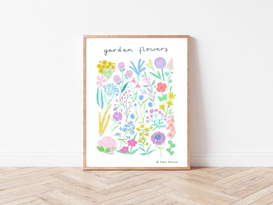 Floral print garden flowers - Unframed A4.