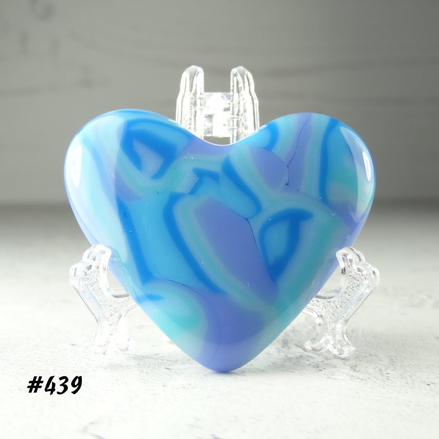 Fused glass blue and purple heart pocket hug with stand 5x4.5cm (439)