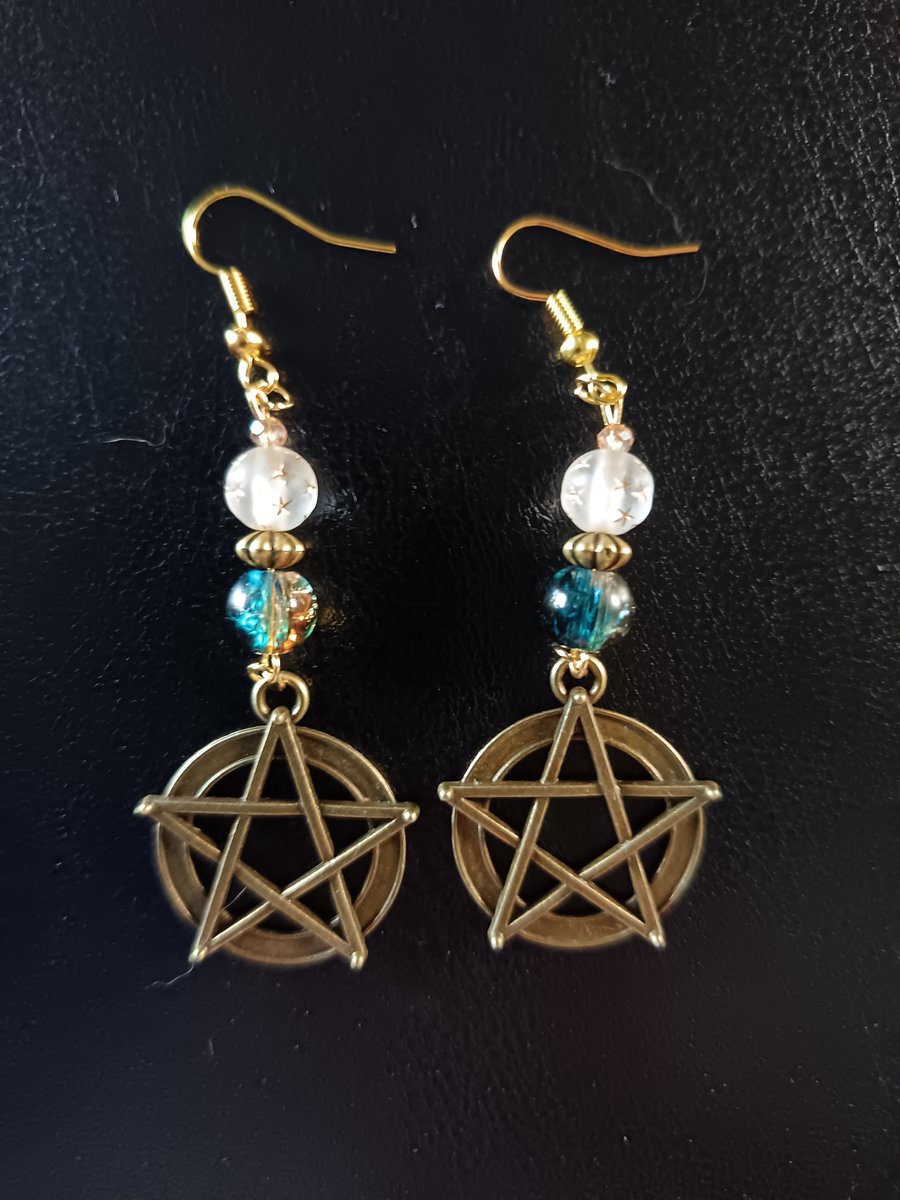 Bronze pentacle charm dangle earrings with glass beads