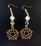 Bronze pentacle charm dangle earrings with glass beads