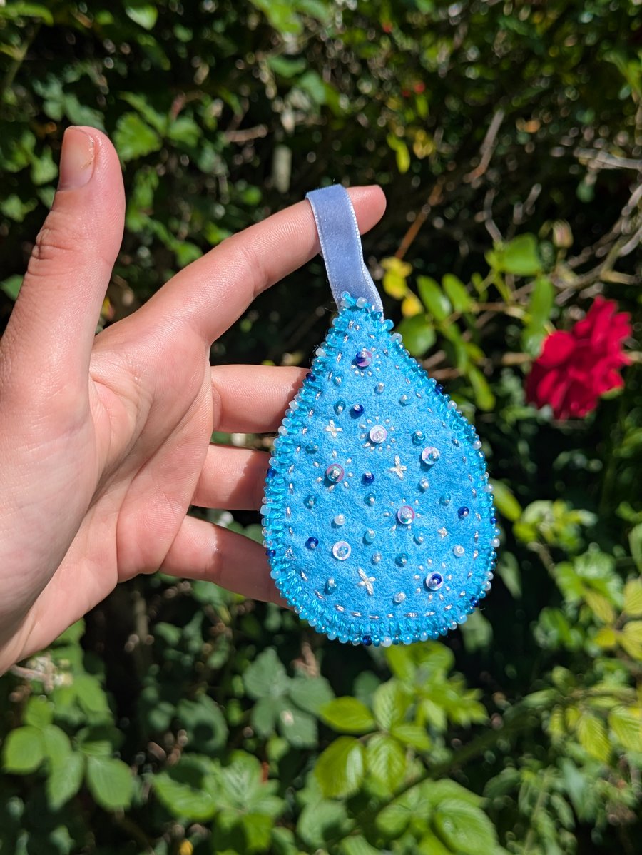 Beaded Raindrop Felt Ornament with sequins and satin ribbon