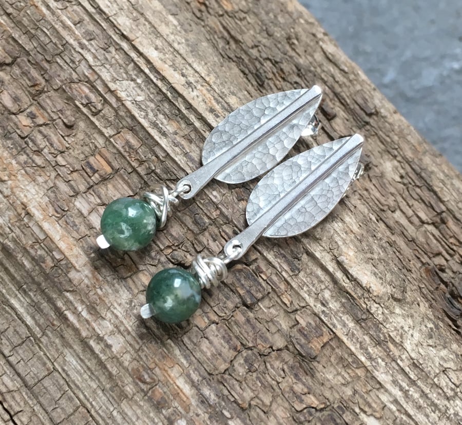 Studs, Silver Stud Earrings, Tree Earrings with Green Moss Agate