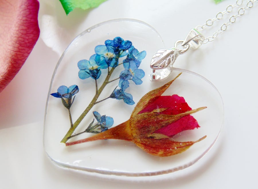Forget me Not Necklace, Rose Pendant, Real Flower Necklace, Heart
