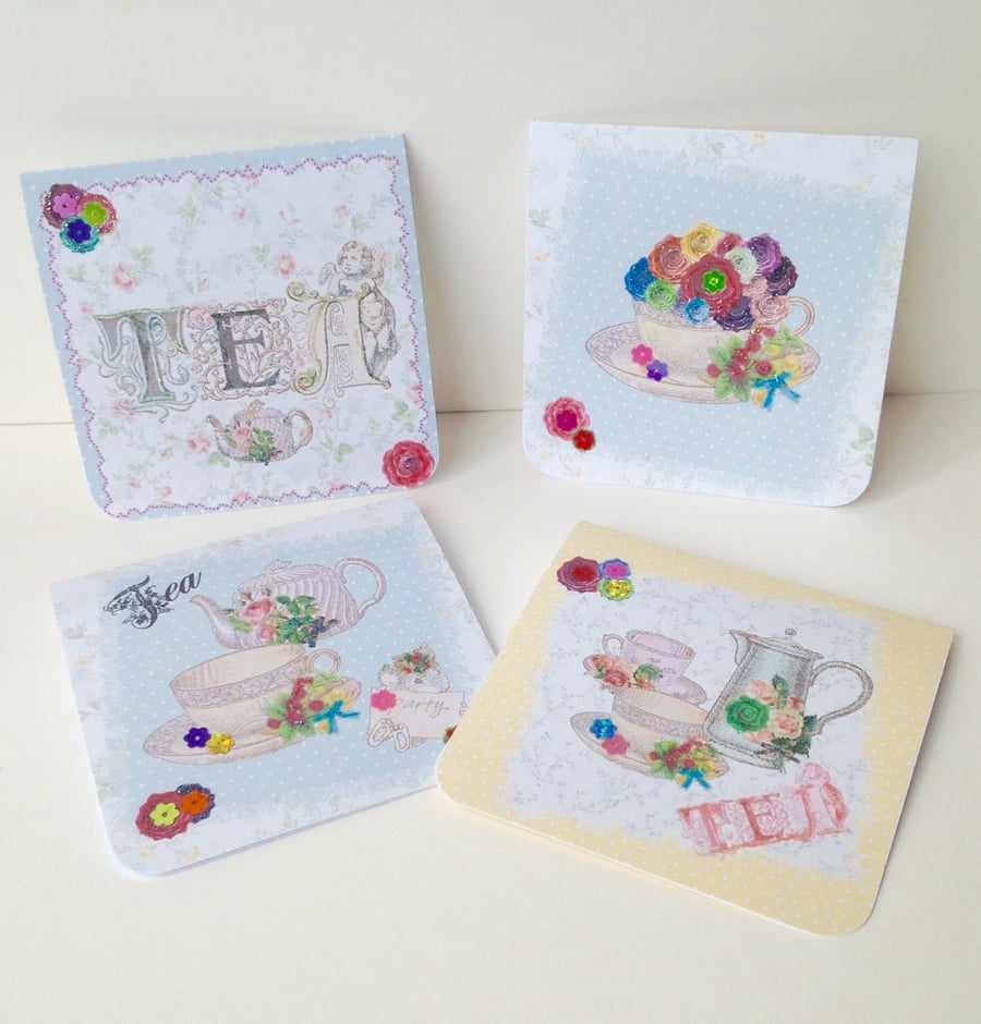 Notecards,Set of Four,Vintage Tea Party,Handmade Notecards