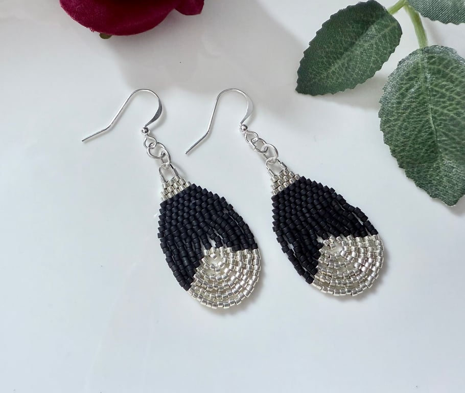 Black and silver beadwork teardrop earrings