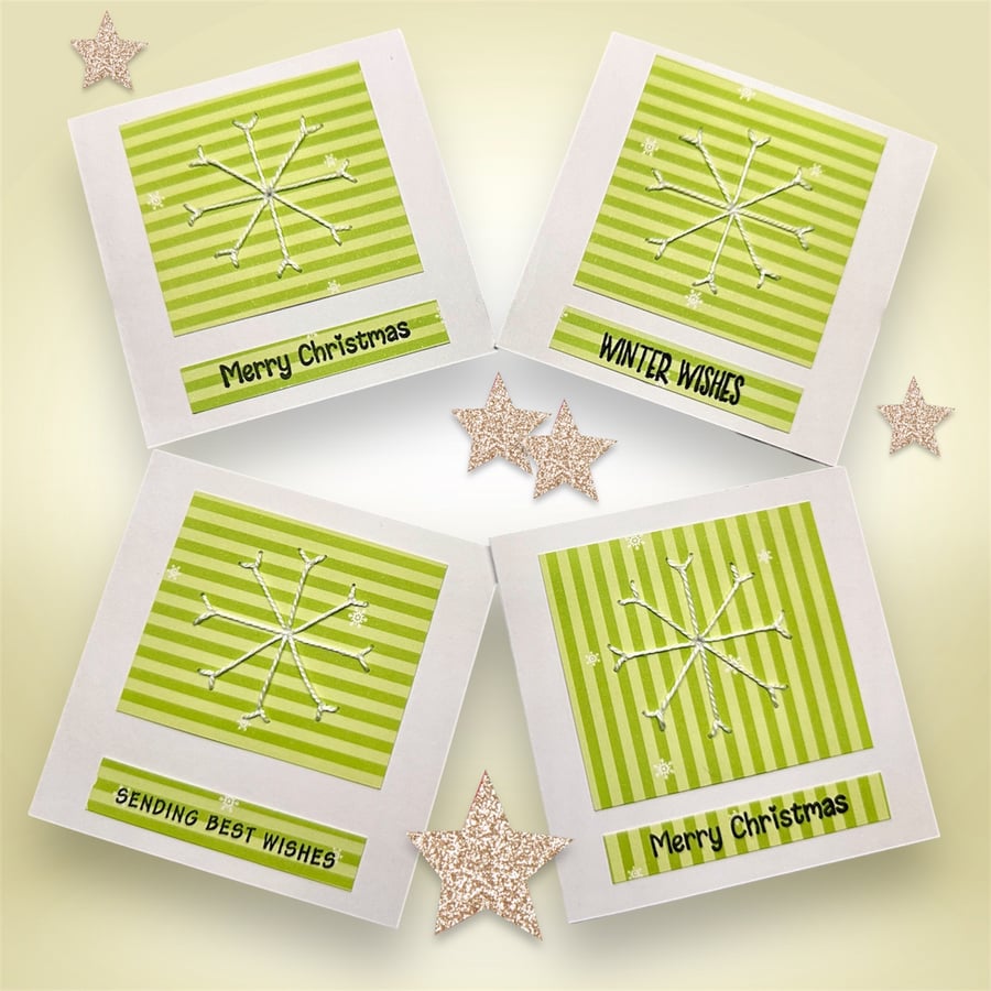 Snowflake Christmas cards, pack of 4 unique hand embroidered. 