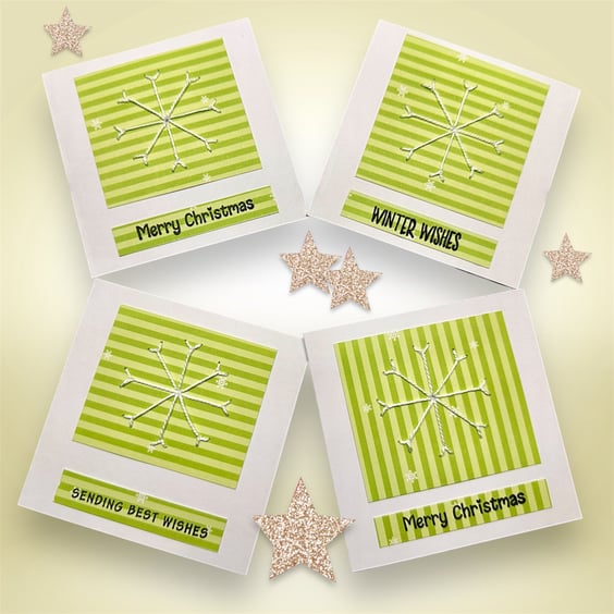 Snowflake Christmas cards, pack of 4 unique hand embroidered. 