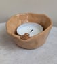 Ceramic handmade tealight robin & birdprints pottery speckled candle holder - Image 2
