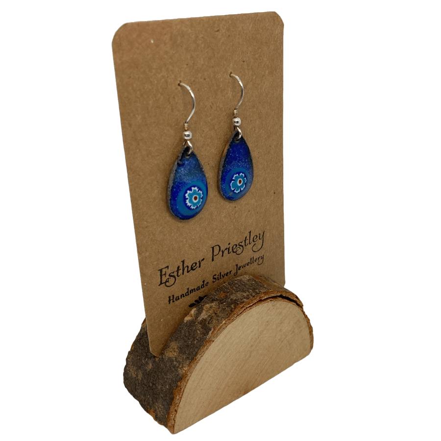 Blue enamel earrings -teardrop flower design with sterling silver ear wires 