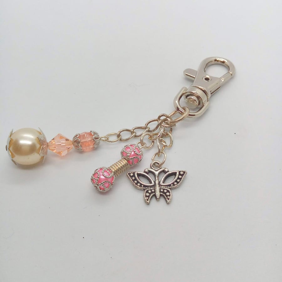 Silver Hand Bag Charm with Butterfly Charm and Pearl and Crystal Bead Charms