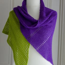 Lace shawl hand knit in a merino wool and silk yarn in amethyst purple and green