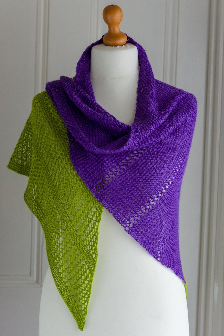 Lace shawl hand knit in a merino wool and silk yarn in amethyst purple and green
