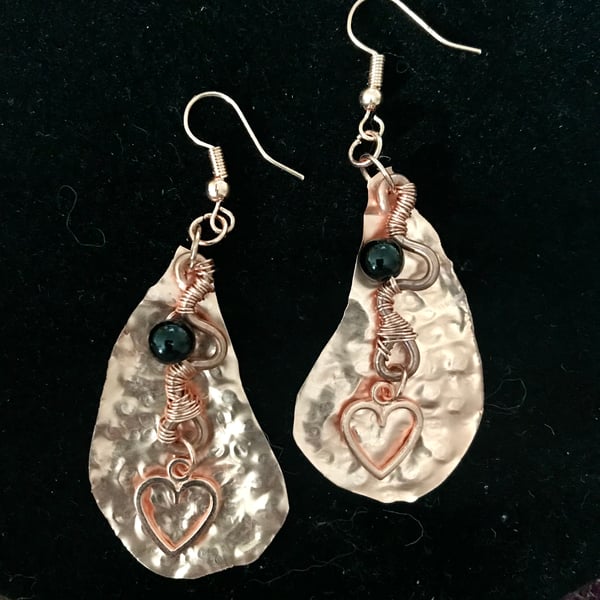 Copper Earrings Featuring Onyx Stone & Heart - Beautiful & Unique
