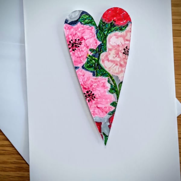 Hand-painted watercolour floral HEART blank greetings card with envelope