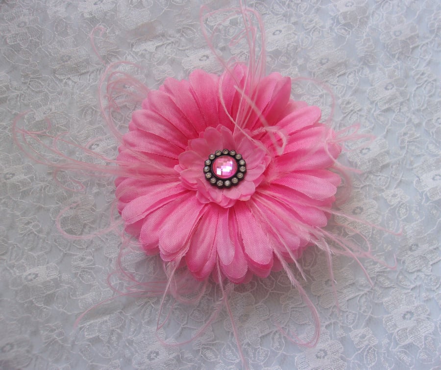 Bright Pink Gerbera Daisy Feather Vintage Hair Clip Accessory Wedding Rockabilly