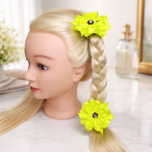 Neon Yellow Satin Flower Hair Bobbles - Pair of Handmade Lime Green Hair Ties 