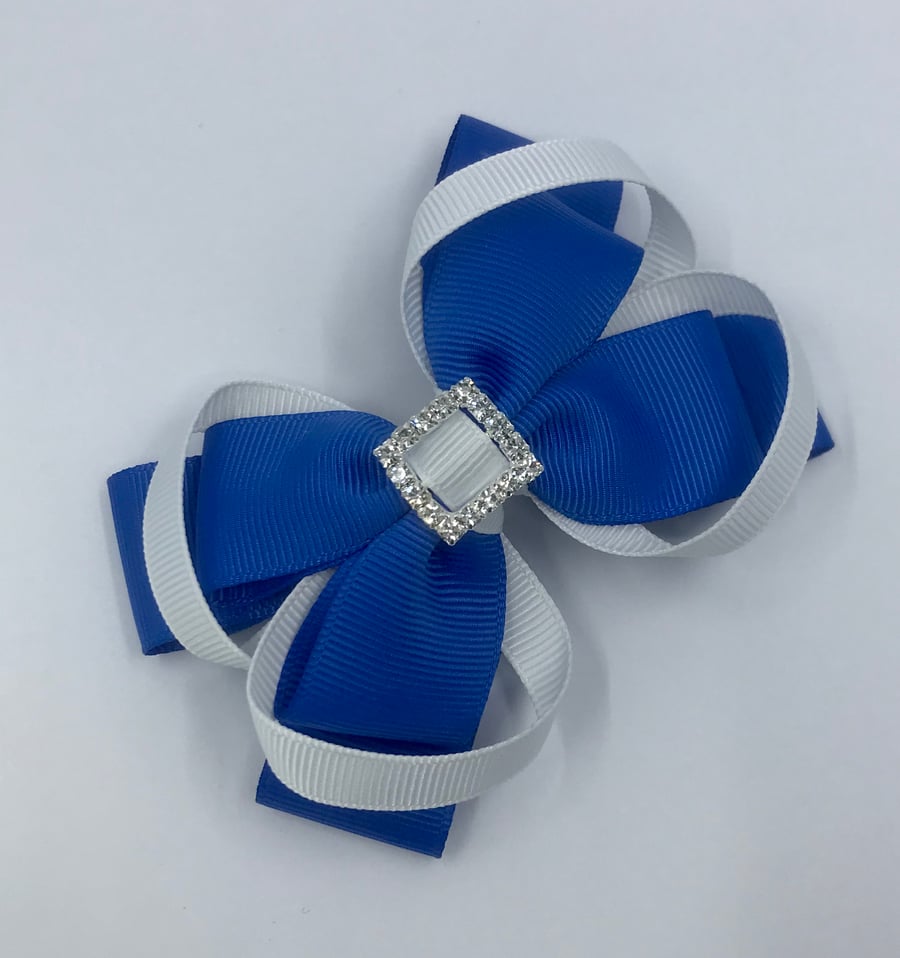 Royal Blue Double Layer Bow with White Loops on Clip