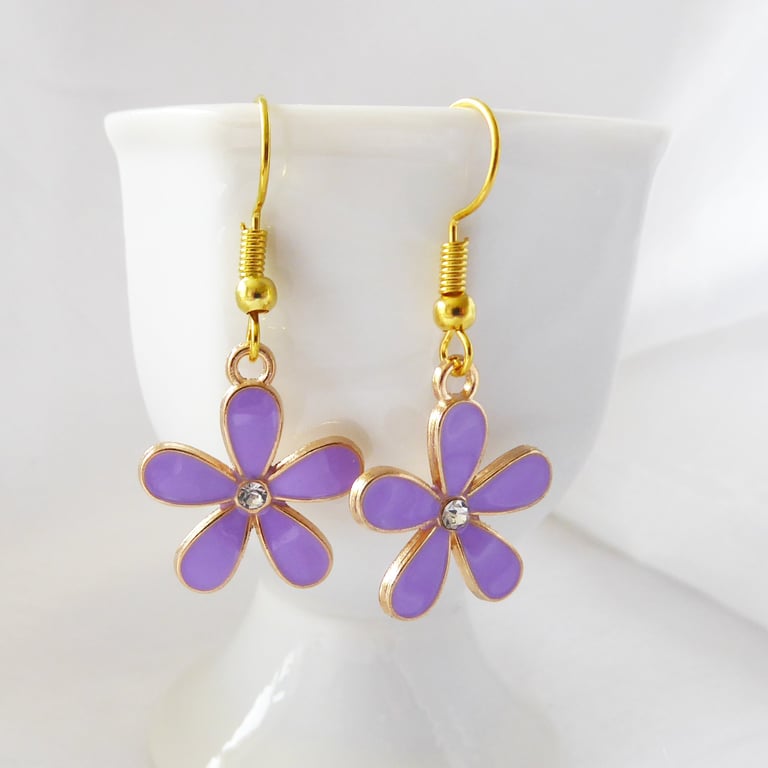 Pretty Lilac Enamel Flower Earrings with gold plated ear-wires