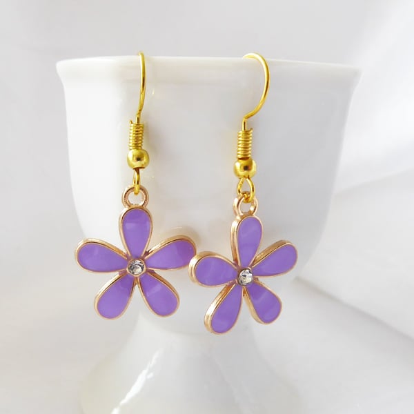 Pretty Lilac Enamel Flower Earrings with gold plated ear-wires