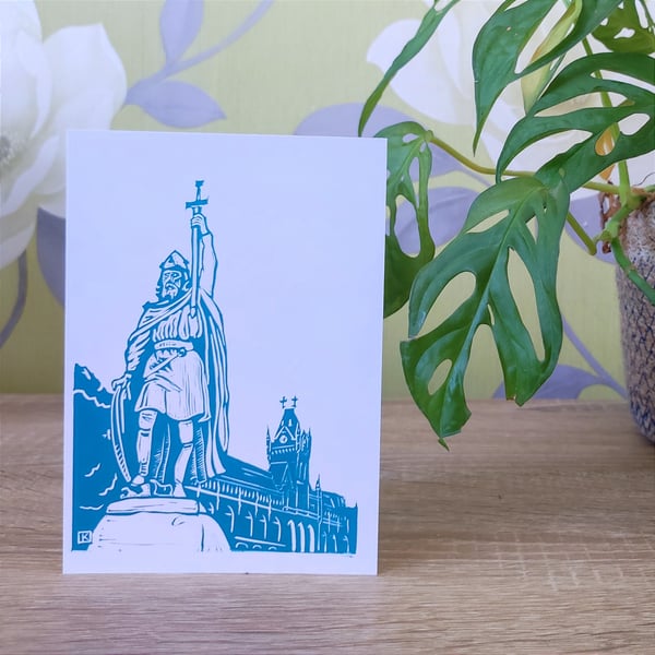 Winchester's King Alfred original linocut print greeting card blank turquoise