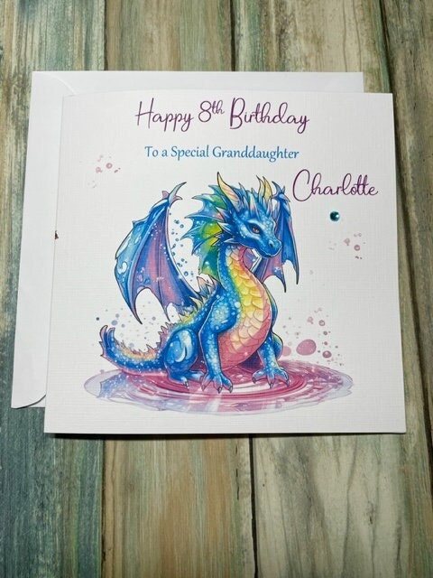 Dragon Birthday Card Handmade and Personalised Rainbow Dragon Gift 