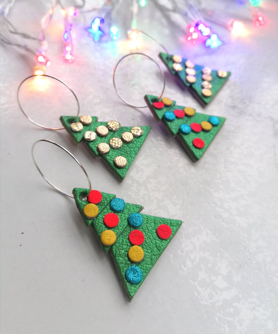 Christmas Tree Hoop Earrings - Repurposed Leather