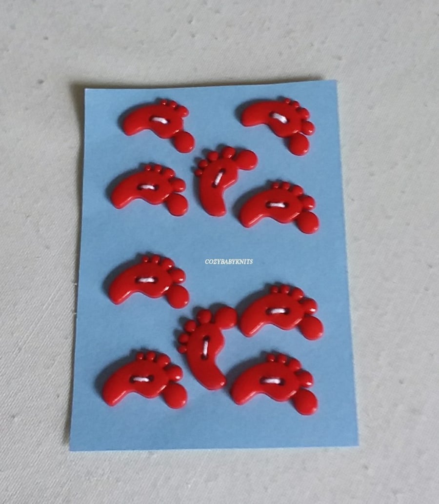 RED FEET SHAPED BUTTONS WITH TWO HOLES FOR ATTACHING 