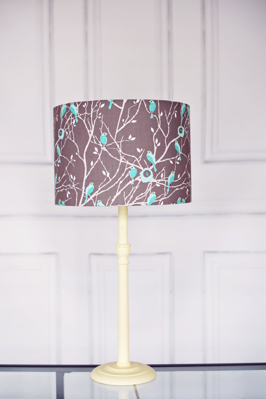 Grey Lampshade 30cm, Drum Lamp, grey light shade, bird lampshade, nature décor