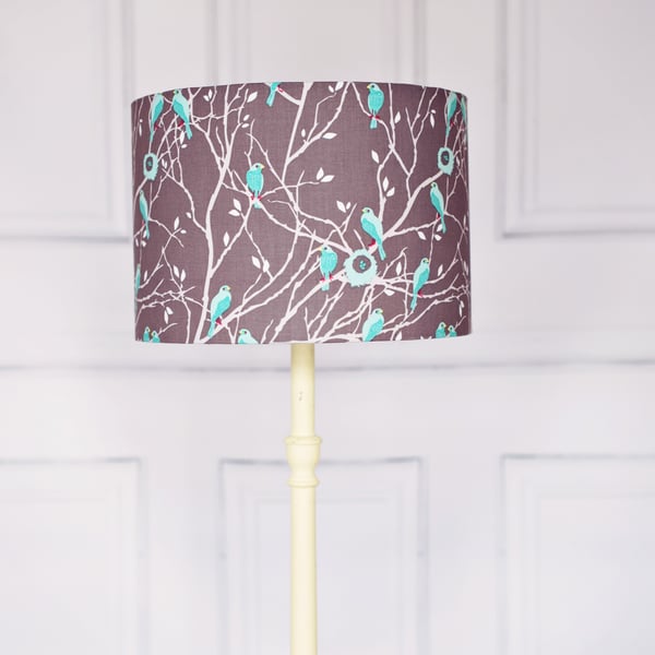 Grey Lampshade 30cm, Drum Lamp, grey light shade, bird lampshade, nature décor