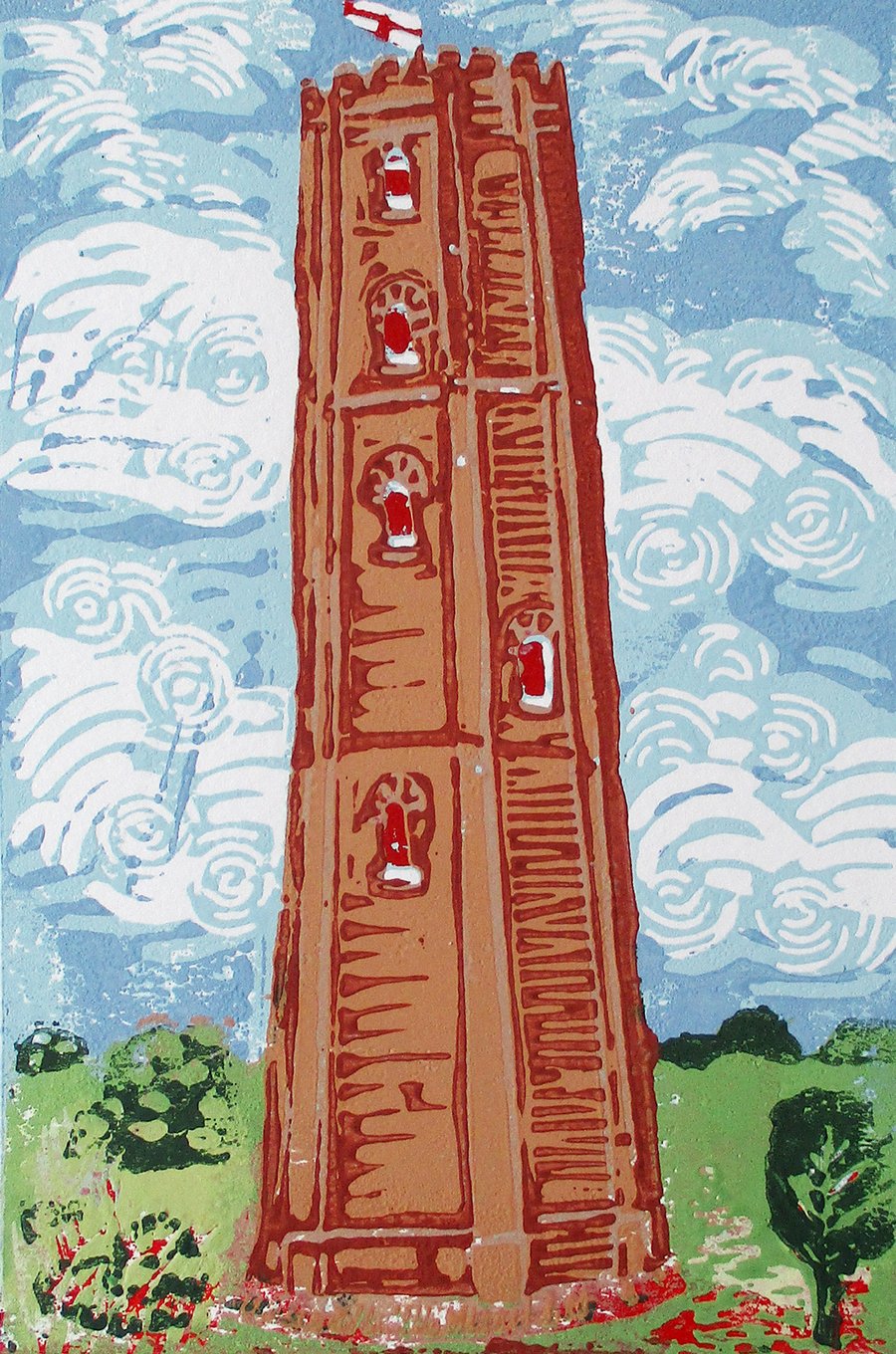 Naze Tower, Essex Original Hand Pressed Linocut Print Ltd Edition