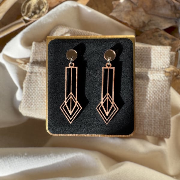 Wooden Art Deco Pendulum Earrings 