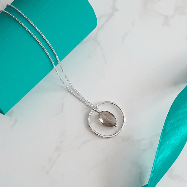 Sterling silver smokey quartz hammered circle necklace Handmade gemstone pendant