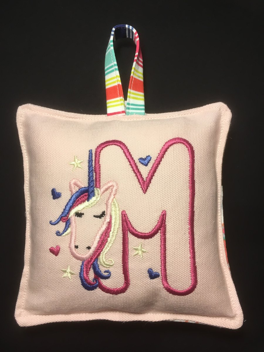 Letter M - Mini Unicorn monogrammed pocket cushion