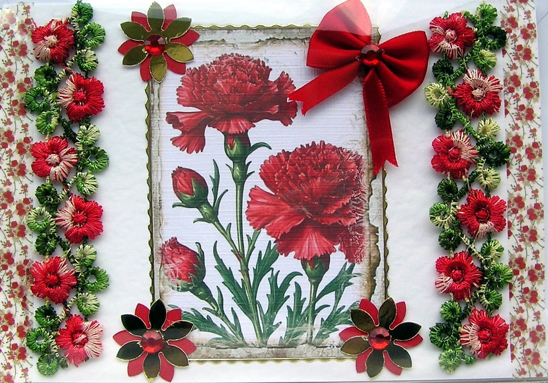 Red Carnation Flowers - Hand Crafted Decoupage Greeting Card - Blank 2812